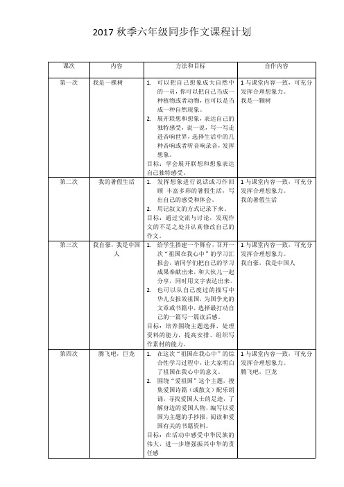 2017秋季六年级上册同步作文教学计划