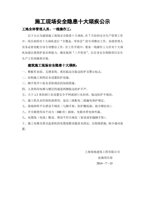 十大安全隐患顽疾公示