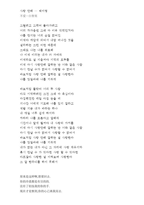 白智英—不爱(韩文歌词+中文译音)