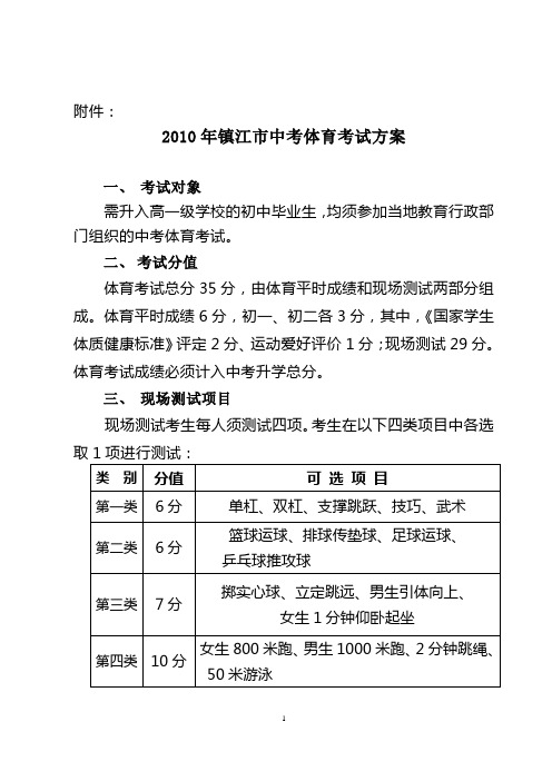 2010年镇江市中考体育考试方案