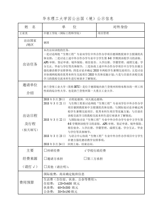 华东理工大学因公出国境公示信息