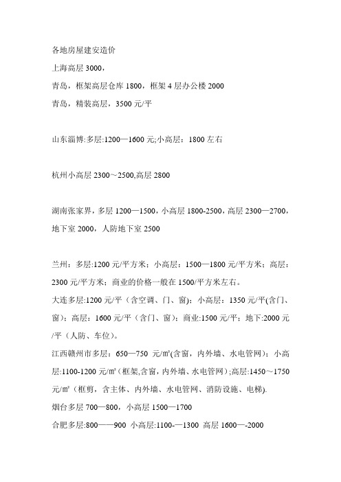 各地房屋建安造价1