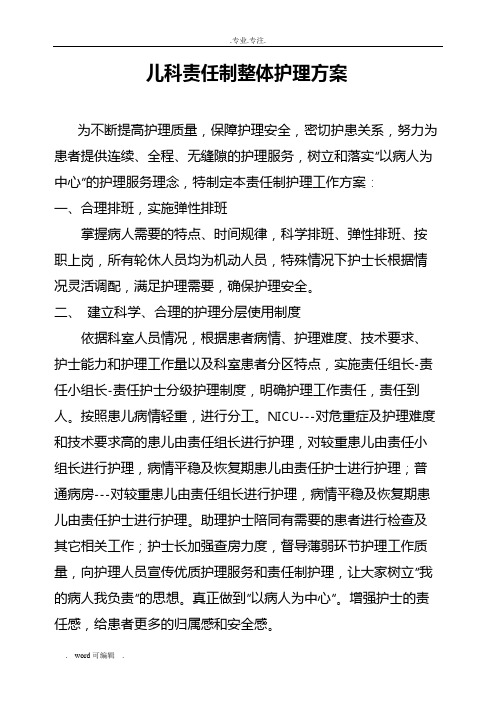 儿科责任制整体护理_工作实施方案