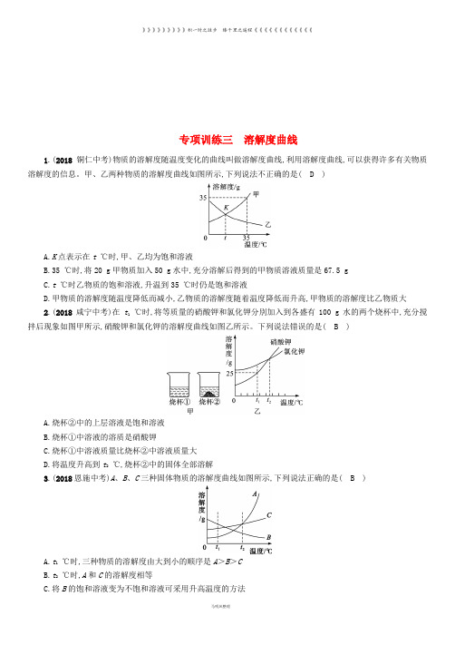 中考化学毕业总复习 第2编 重点专题突破篇 专项训练3 溶解度曲线检测