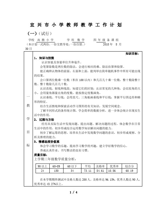 宜兴市小学教师教学工作计划(一)(试行)