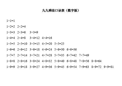 九九乘法口诀表(数字汉字双版)
