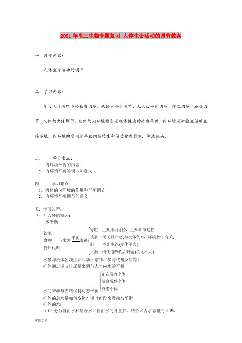 2021-2022年高三生物专题复习 人体生命活动的调节教案