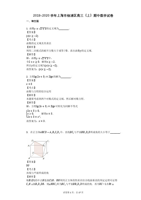 2019-2020学年上海市杨浦区高三(上)期中数学试卷
