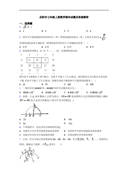 岳阳市七年级上册数学期末试题及答案解答