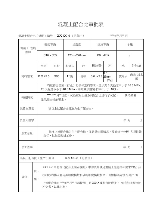 混凝土配合比审批表(样表)