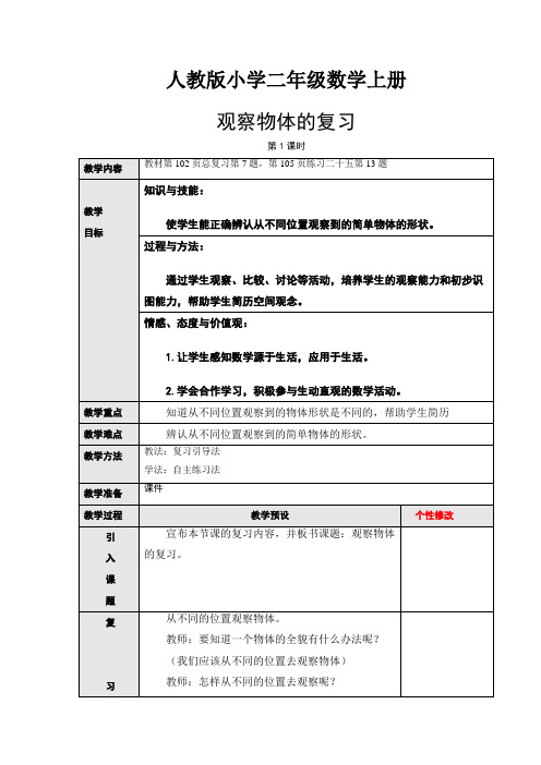 人教版小学数学二年级上册：9.4观察物体的复习