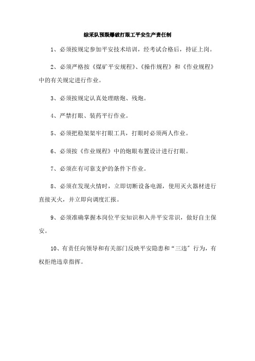 煤矿综采队预裂爆破打眼工安全生产责任制