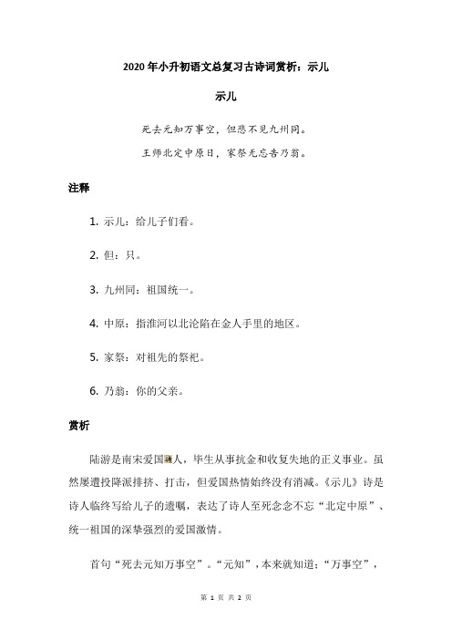 2020年小升初语文总复习古诗词赏析：示儿