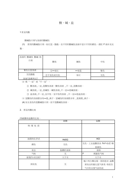 九年级科学上册第一章酸碱盐复习与练习题浙教版