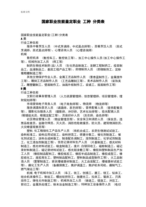 国家职业技能鉴定职业工种分类表