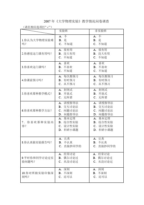 2007年大学物理实验教学情况问卷调查