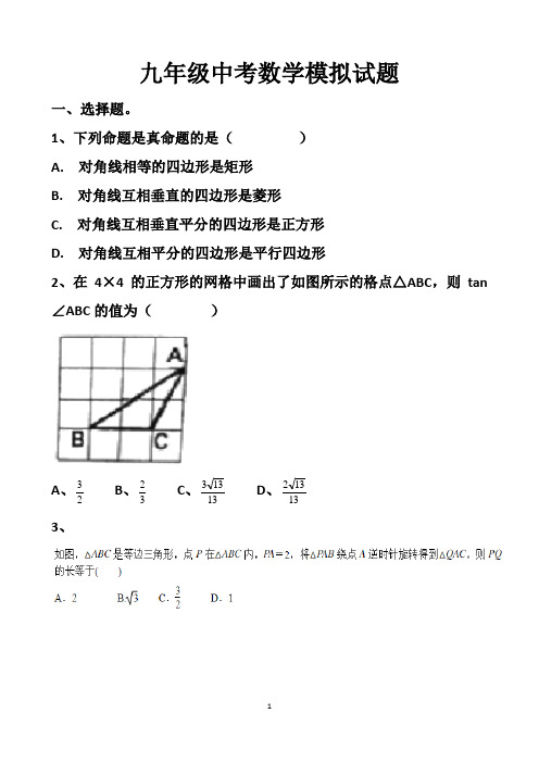 最新北师大版九年级下册数学中考模拟试题以及答案