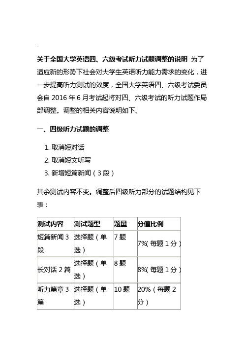 关于2016年全国大学英语四六级考试听力试题调整的说明