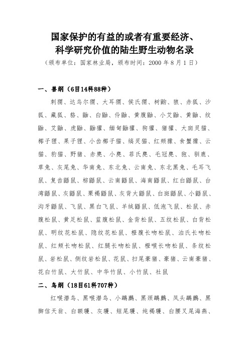 国家保护的有益的或者有重要经济、科学研究价值的陆生野生动物名录