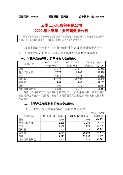 云天化：2020年上半年主要经营数据公告