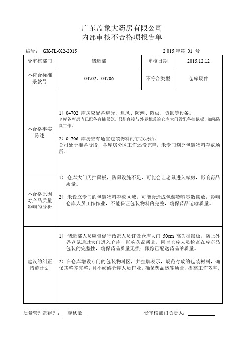 2017年5医药公司内审内部审核不合格项报告单
