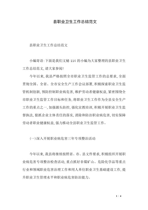 县职业卫生工作总结范文