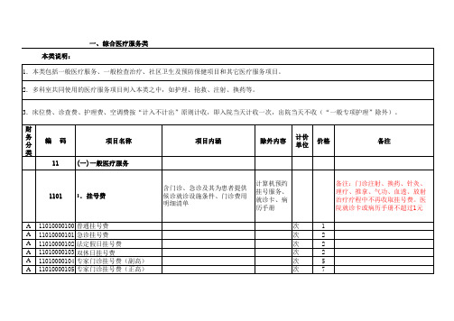 浙江省医疗服务价格表综合医疗服务类
