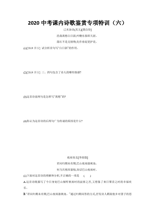 2020中考课内诗歌鉴赏专项特训(六)(word版含答案解析)