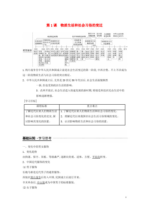 2018_2019学年高中历史专题四中国近现代社会生活的变迁第1课物质生活和社会习俗的变迁学案人民版必修