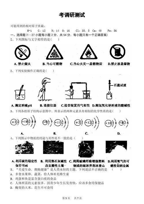 中考化学调研测试(含答案)