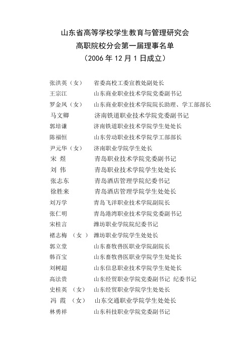 山东省高等学校学生教育与管理研究会高职院校分会第一届理事名单(2006年12月1日成立)