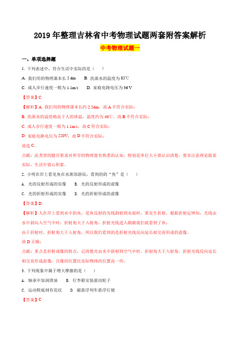2019年整理吉林省中考物理试题两套附答案解析(word版)