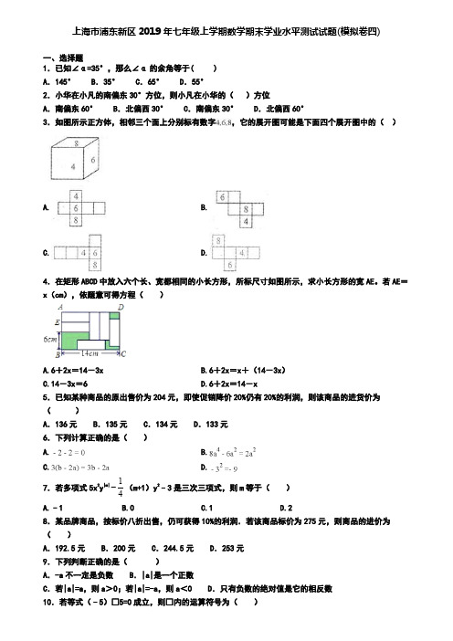 上海市浦东新区2019年七年级上学期数学期末学业水平测试试题(模拟卷四)