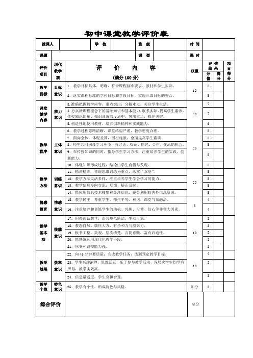 初中课堂教学评价表