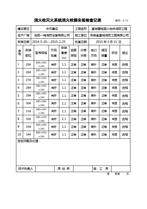 消火栓灭火系统消火栓箱安装检查记录
