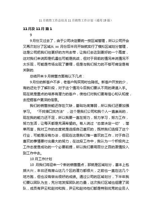 11月销售工作总结及11月销售工作计划（通用19篇）