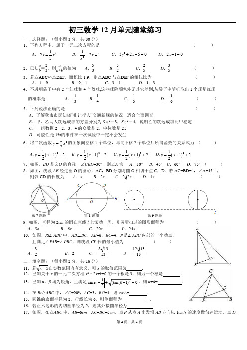 苏教版初三数学第一学期12月单元随堂练习试卷