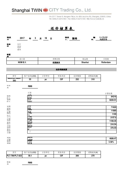 还 价 核 算 表Shanghai Twin City Trading Co., Ltd