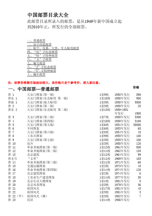 新中国邮票目录大全及价格