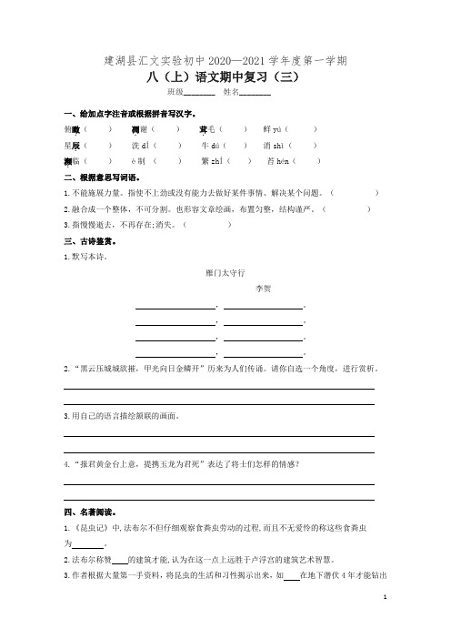 江苏省建湖县汇文实验初中2020-2021学年八年级上学期语文期中复习(三) 