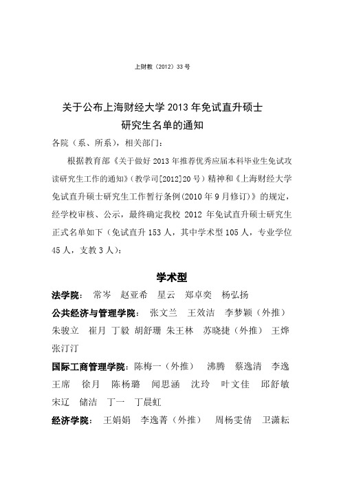 2013上海财经大学本校保研名单(20121010)