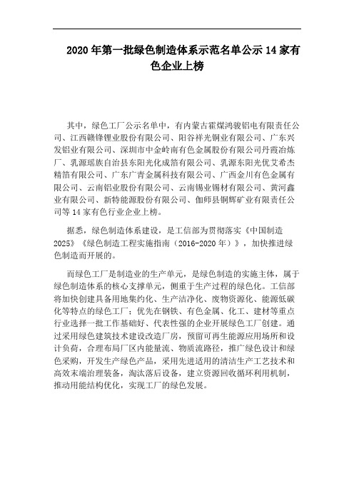 2020年第一批绿色制造体系示范名单公示14家有色企业上榜