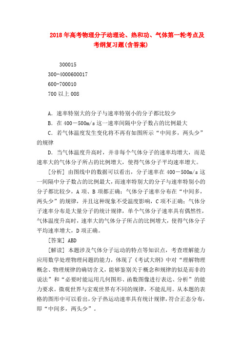 【高三物理试题精选】2018年高考物理分子动理论、热和功、气体第一轮考点及考纲复习题(含答案)