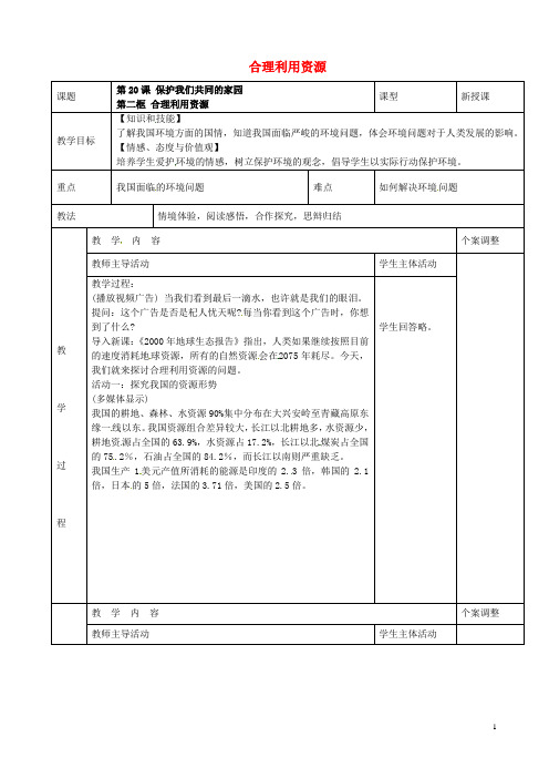 江苏省新沂市第二中学八年级政治下册20.2合理利用资源教案苏教版