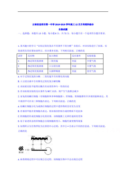 2018-2019学年云南省昆明市第一中学高三12月月考理科综合生物试题