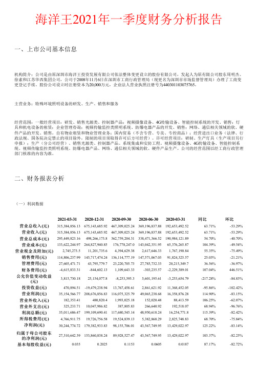海洋王2021年一季度财务分析报告