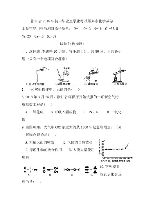 浙江省绍兴市2018年中考化学试题