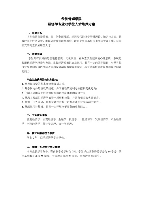 华南农业大学2012经济学专业双学位人才培养方案