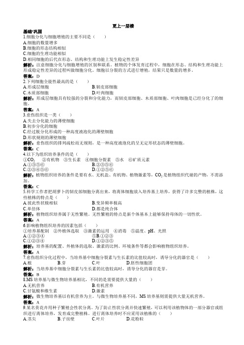  生物人教版高二选修1达标训练：专题3课题1菊花的组织培养 