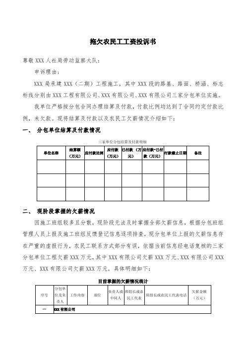 拖欠农民工工资投诉书(范例)